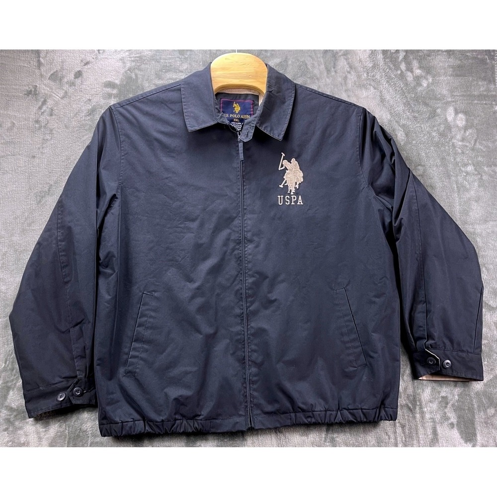 US Polo Assn Mens XXL Navy Blue Harrington Jacket Full Zip Windbreaker USPA Logo